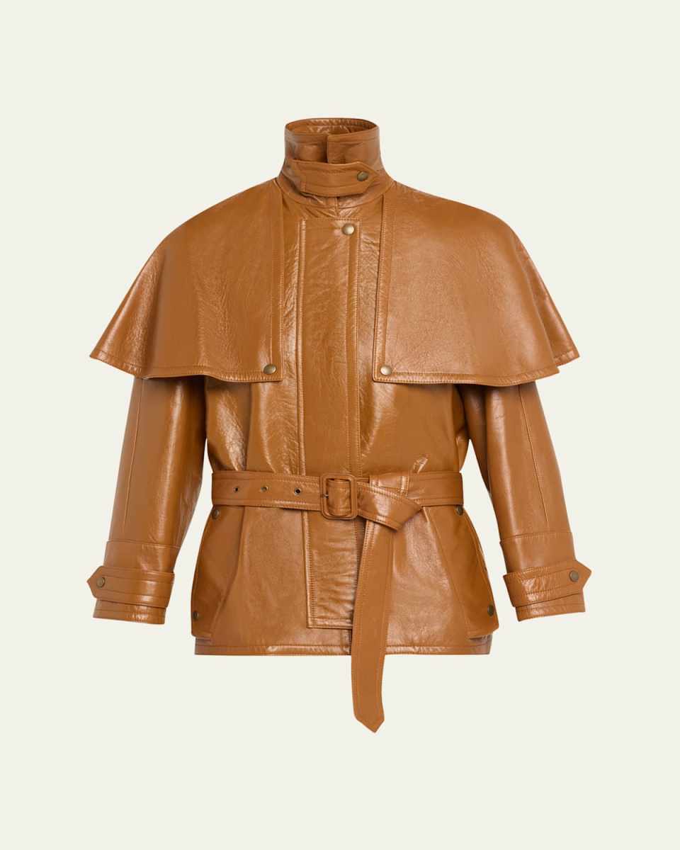 Short Belted Leather Cape Trench Coat